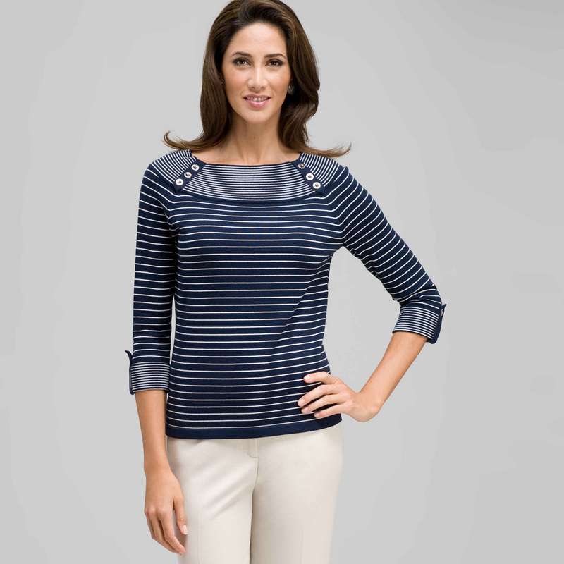 3/4 Sleeve Boat Neck Striped Knit, Navy Multi, large image number 0
